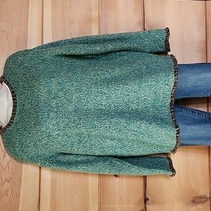 Dressbarn Woman Sweater Green Flecked, Brown Rolled Hem, Neck & Cuffs Size 18/20